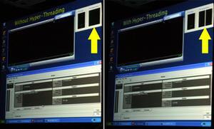 HyperThreadingテクノロジがある場合(右)とない場合(左)でのビデオエンコードのデモ。画面右上のインジケーター(矢印部分)がHyperThreadingありのほうは2つになっている