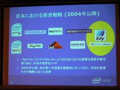 インテル キャピタルが2004年以降に投資を行なった日本企業。モバイル分野とデジタルホーム分野が主体であったが、ビットワレットはこの両分野にまたがる企業としている