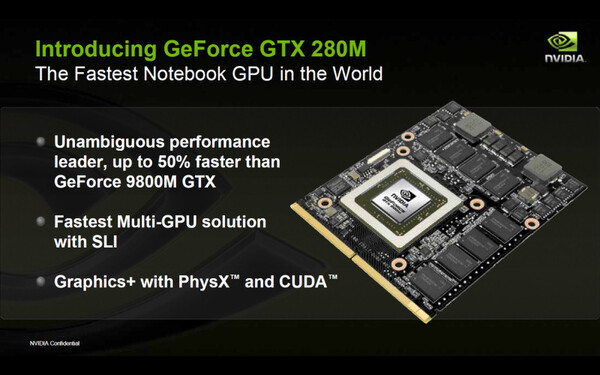 GeForce GTX 280Mの主な特徴とGPUサブボードの写真