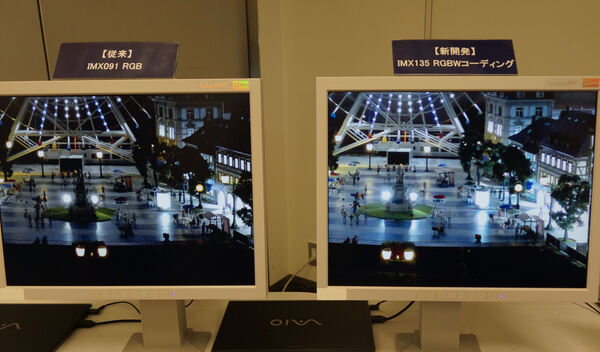 従来のRGB画素（左）と新しいRGBW画素（右）の撮影画像。白い明かりがいっそう引き立って見える
