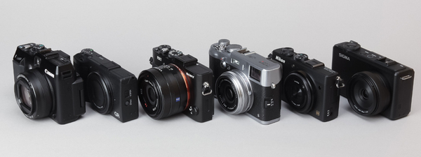 今回紹介するデジカメ達。左からキヤノンの「G1X」、リコー「GR」、ソニー「RX1」、富士フィルム「X100」、ニコン「COOLPIX A」、シグマ「DP2 Merrill」