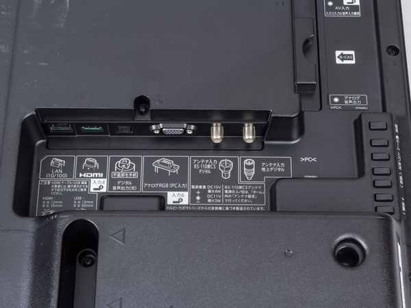 背面の接続端子。下向き配置の端子部には、LAN端子、HDMI端子、光デジタル音声入力、アンテナ端子などがある