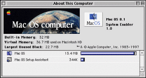 システムプロファイル。これを見る限り、iMacのシステムは、既存のMac OS 8.1に専用のシステムイネーブラーを組み合わせただけでUSBなどの新しいI/Oをサポートしているようだ。標準搭載メモリーは32MBである 
