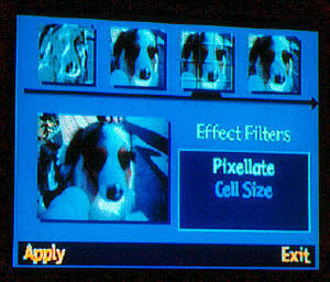 Digita FXの画面。デジタルカメラ上で、明るさ/コントラストの変更、フィルタ処理などが指定できる。PCなしでデジタルの楽しみを満喫できる点が特徴だ 