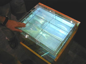 透過型のタッチパネルに触れると映像の魚が集まってくる『バーチャル水族館』。ウェアラブルブースでの展示