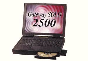 Gateway Solo 2500。モバイルCeleron-333MHz、メモリー64MB、HDD4.3GB、FDD、24倍速CD-ROMドライブを搭載する
