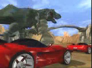 恐竜の脇をすり抜けるスポーツカー、恐竜にはスポーツカーを追いかけるようなパラメーターを与えられている