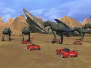 恐竜の群れとスポーツカーが錯綜しているところ。恐竜一匹ずつの動きをプログラミングすることなく、自然な動きを再現している