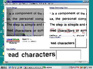 『LinkStickプログラム』を使って文字解析を行なっている画面例(試作)。左上が撮影画像で、右上が白黒のみの2次解析を行なったもの。解析範囲(後述)が青枠で指定されており、画面下にその文字が表示されている 