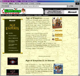 米マイクロソフトの『Age of Empire』サイト画面。画面右側のパッケージ画像や、剣の画像にカーソルを移動すると、音楽がスムーズに切り替わり再生される。なお、実際のサイトには、この音楽再生機能は施されていない
