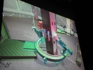 西口氏がプレゼン用に制作した建築ロボットのCG。ロボットがマンションの鉄柱を溶接しているところ