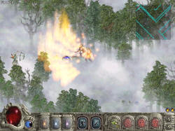 このゲームの魔法に相当する“龍術”のひとつである“撃”を唱えた画面。グラフィックの“アルファブレンディング(半透明処理)”技術により、霧や水の中ではキャラクターの足元が消えるといった表現が可能となっている