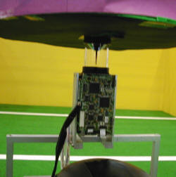 NAIST-2000の全方位カメラ。漏斗状のミラーが見える。識別しやすいように紫色の帽子をつけている 