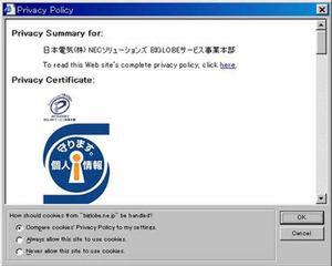 BIGLOBEのプライバシーポリシー。個人情報を保護することを約束するマーク。上が2000年10月に(財)日本情報処理開発協会(JIPDEC)が認定した“プライバシーマーク”で、下が2001年3月に(財)日本データ通信協会に個人情報取り扱い業務登録して取得した、個人情報保護マークの使用許可証