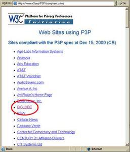 W3Cが認定したP3P対応サイトを紹介する、コンプライアンスリスト
