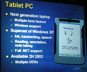 タブレットPCは、次世代のLaptopだという(なんかLaptopって日本では死語って感じだけど)。最初の出荷は来年(2002年)の後半だという