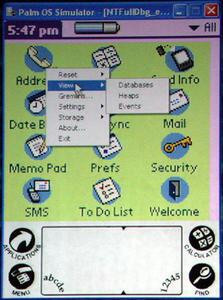 Palm OS Simulator上で動作しているPalm OS 5.0。Palm OS Simulatorでは、実行中にデータベースやヒープの状態をリアルタイムに表示できる