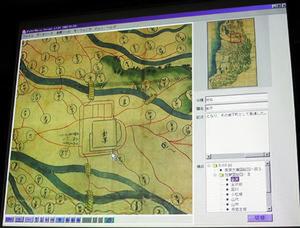 『iPallet/Nexus』の閲覧支援ツールで、南葵文庫国絵図を表示したところ。右上の画像の赤い枠で囲まれた部分を左に表示している
