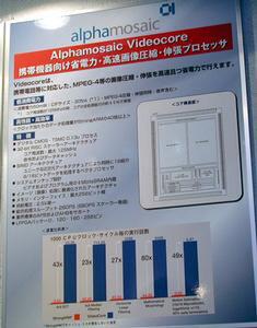 Alphamosaic Videocoreの説明パネル。同じクロックのStrongARMの40倍のビデオ画像処理能力としている