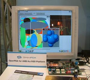 AMD Alchemyプロセッサーを搭載した開発ボード上で『OpenPDA』を動作させていた。デモでは画面サイズはVGA(640×480ドット)だったが「SVGA(800×600ドット)で表示することも可能」だそうだ