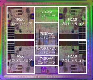 発表されたCPU、『FR1000』のダイ写真。4つの『FR550』プロセッサーコアのほかに、DMAコントローラーやメモリーコントローラーを内蔵する