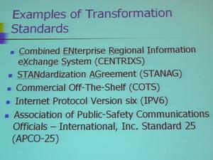 トランスフォーメーションに活用すべき標準技術の一覧。軍用技術ではなく、民生用のIT技術が挙げられている