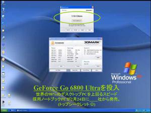 未発表のGeForce Go 6800 Ultraのベンチマークスコアは、ほとんどのデスクトップも上回るとする。しかし消費電力も驚くほど高い