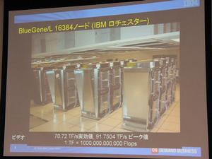 IBMが開発中の“BlueGene/L DD2 beta-System”。合計で1万6384個のCPUを搭載するが、最終的にはこの4倍のCPUで構成される