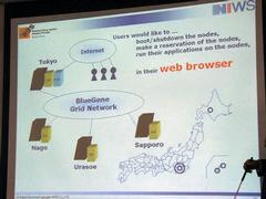 G/Aセンターのネットワークとサービス提供のイメージ図。ユーザーはインターネット経由で東京のセンターに接続し、各地に分散されたBlue Gene/Lを利用する。札幌は今後設置予定