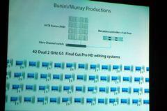 Bunim/Murrayのシステム。14TBのXserveRAID、G5(Dual)を42台。Filnal Cut Pro HDもXsanで実行している