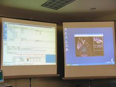 サーバー上で動作する仮想マシンシステム『VirtualPCCenter』のデモ。左画面が管理サーバーで、右画面は仮想クライアント
