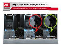 HDRレンダリングを行なった画像にアンチエイリアシング(AA)をかけたデモ画面。右側のAAなしと中央のX1600を比べると、銃のエッジの滑らかさや中央の青い光の表現が異なるのが分かる