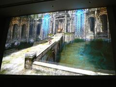 ゲーム中に登場するダンジョンの1つの画面。橋の下に広がる水面には、周囲の建物や光が反射している。こうした表現にNVIDIAの協力が生きているという