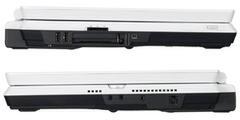 695LSの左側面(上)と右側面。左側面にはPCカードスロットやブリッジメディアスロット、USBが並ぶ