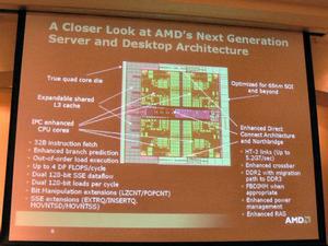 AMDの次世代クアッドコアCPUアーキテクチャーのダイ写真。モジュラー構造を強調するために色分けされているが、きれいに分割されている