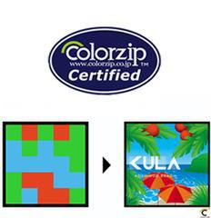 上のマークは、カラージップジャパンがサーティファイドした商品に与えられるマーク。下は、“カラーコード”の基本サンプルと応用例