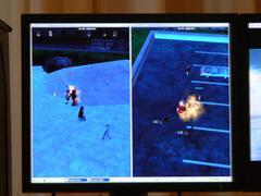 メガタスキングの例としてデモされた、City of Heroesの2インスタンス実行の例。右に並んだディスプレー上でHD品質のビデオ映像を同時に再生しながら、2つのゲームを同時に実行しても軽快に動作していた