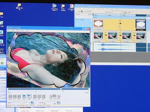 静止画から動画を生成する“FrameFree技術”に対応した動画編集ソフト“FrameFree Studio”。左のサンプル画面では、人物やフレームが動いている