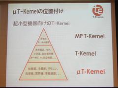 T-Kernelファミリー中でのμT-Kernelの位置づけ。家電の中のマイコンに使われる用途を想定している