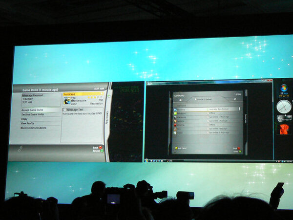 Xbox 360とWindowsを1つのサービスでつなぐ“Live on Windows”のデモ。左がXbox、右がWindowsの画面だが、どちらも同じUIで統一されている