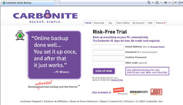 オンラインバックアップサービスを提供している米Carbonite社のサイト