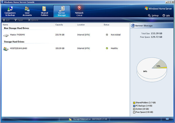 WHS管理コンソールのHDD管理画面「Server Storage」