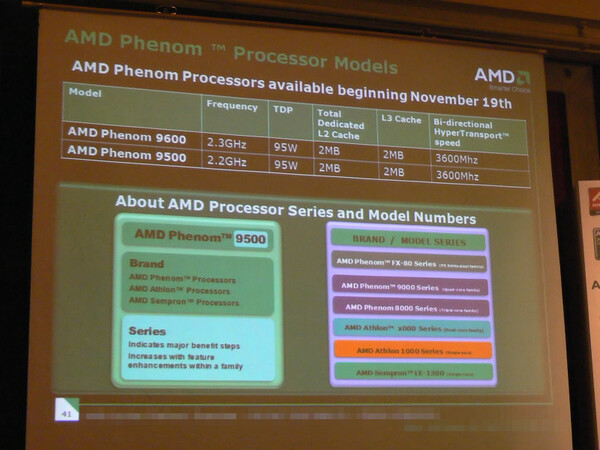 Phenom 9600/9500の主なスペックとAMDのCPUラインナップ