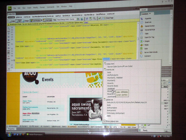 Dreamweaver CS4の画面（開発中のもの）