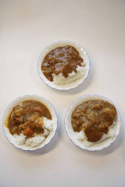 上から「宇宙日本食レトルトカレー」、下が向かって左が「ボンカレー」、右が「カレー曜日」をそれぞれ小皿に盛りつけたところ