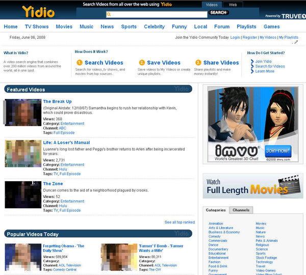 Yidioは「TV Shows」「Movies」「Music」「News」といったカテゴリーごとに分類されており、ジャンルごとに検索することもできる