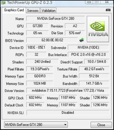 GPU-ZによるGeForce GTX 280のステータス