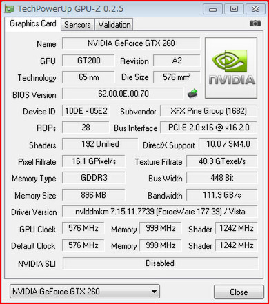 GPU-ZによるGeForce GTX 260のステータス
