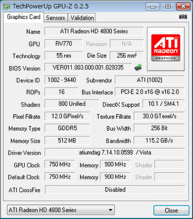 GPU-ZによるRadeon HD 4870のステータス