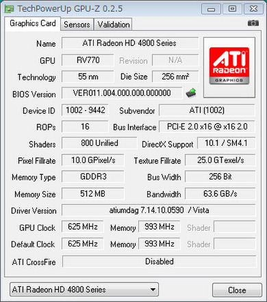 GPU-ZによるRadeon HD 4850のステータス